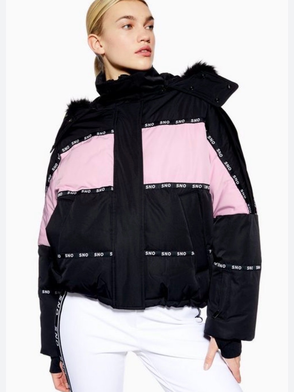 Topshop Black Pink Colorblock Puffer Jacket Faux Fur Hood Size S NWT